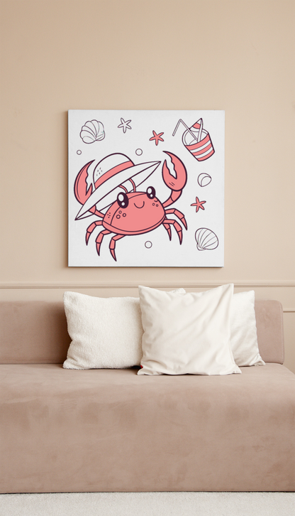 Cadre avec crabe joyeux en doodle sur fond de plage thème vacances éclatant