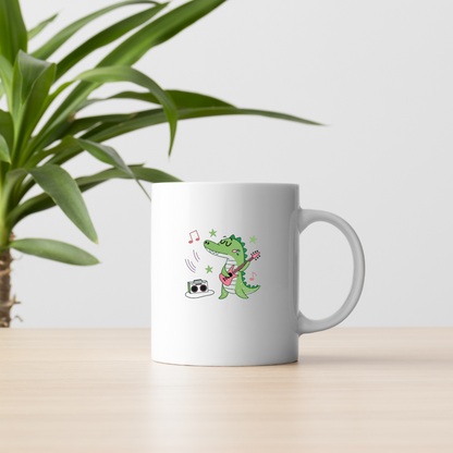 Mug décoré d'un crocodile rockeur pastel dans un style musical coloré
