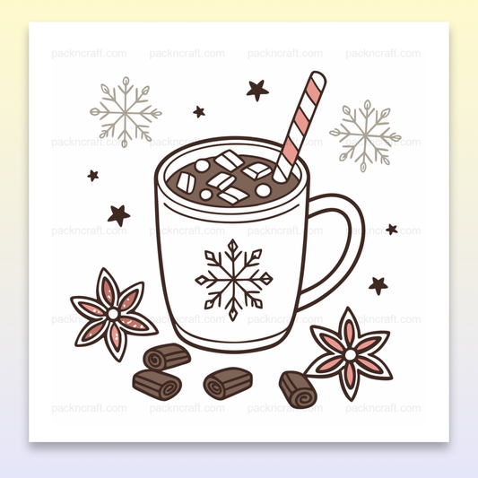 Illustration SEO optimisée de chocolat chaud festif avec flocons et bâton de cannelle pour décorations hivernales.