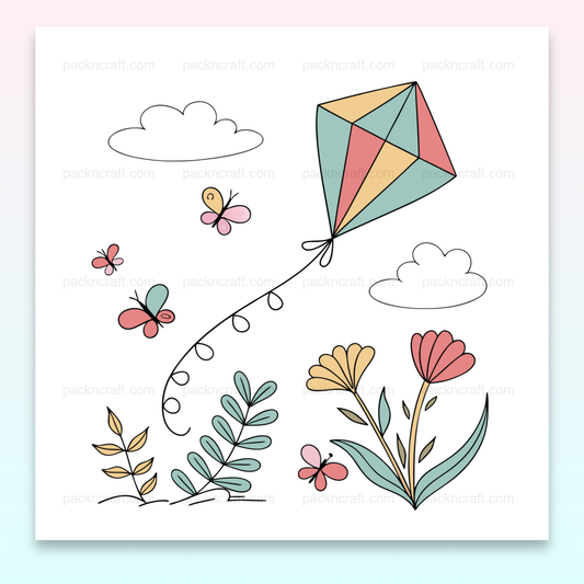 Cerf-volant pastel dansant dans le ciel printanier avec papillons.