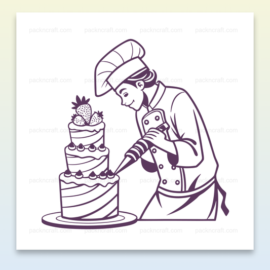 Illustration pâtissier décorant un gâteau, idéal pour DIY, Pâtissier en action, style rétro pour projets créatifs, Chef décors un gâteau sur un mug, illustration numérique, Sticker pâtissier, ajout parfait pour cahiers et affiches, Design pâtissier sur t-shirt, idéale pour fans de cuisine