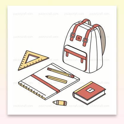 Illustration d'une rentrée studieuse avec sac à dos, carnet et accessoires scolaires, idéale pour projets éducatifs et papeterie.