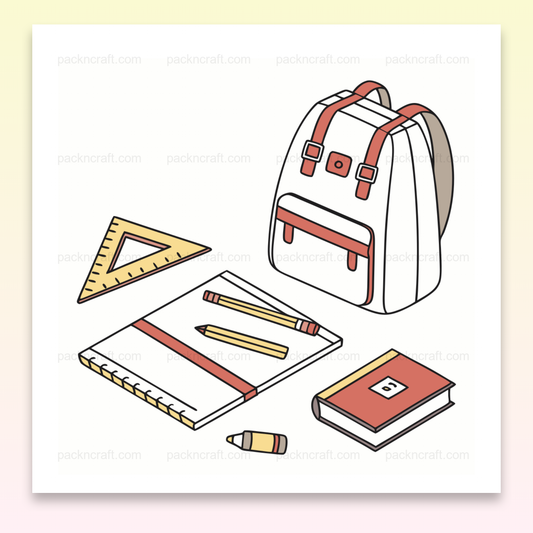 Illustration d'une rentrée studieuse avec sac à dos, carnet et accessoires scolaires, idéale pour projets éducatifs et papeterie.