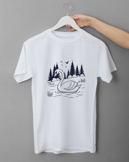 T-shirt orné d'un cygne paisible en vectoriel, idéal pour une ambiance nature