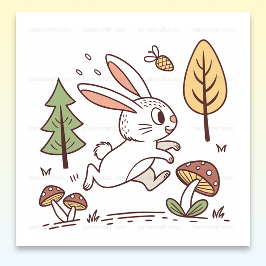 Illustration mignonne de lapin sautant parmi les arbres en style vectoriel.