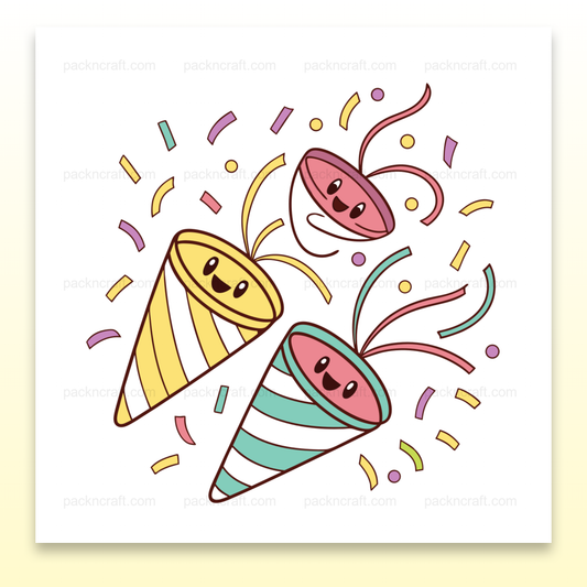 Illustration de trois confettis kawaii souriants avec des couleurs pastel