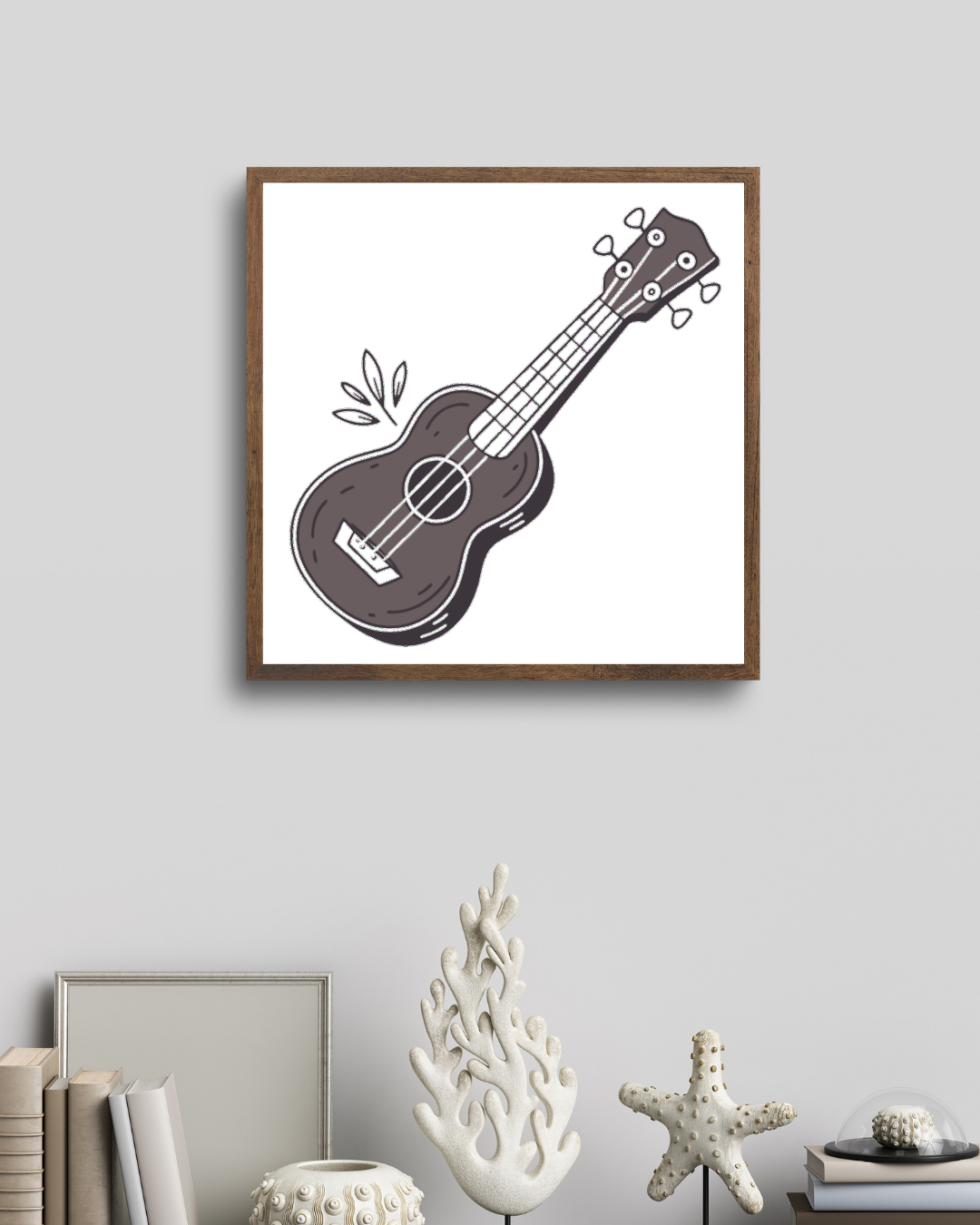 Cadre artistique avec ukulélé stylisé en dessin minimal sur thème musical
