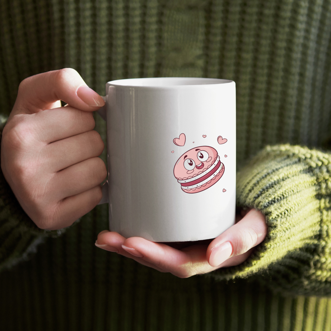 Mug avec macaron souriant style kawaii graphique couleur vive