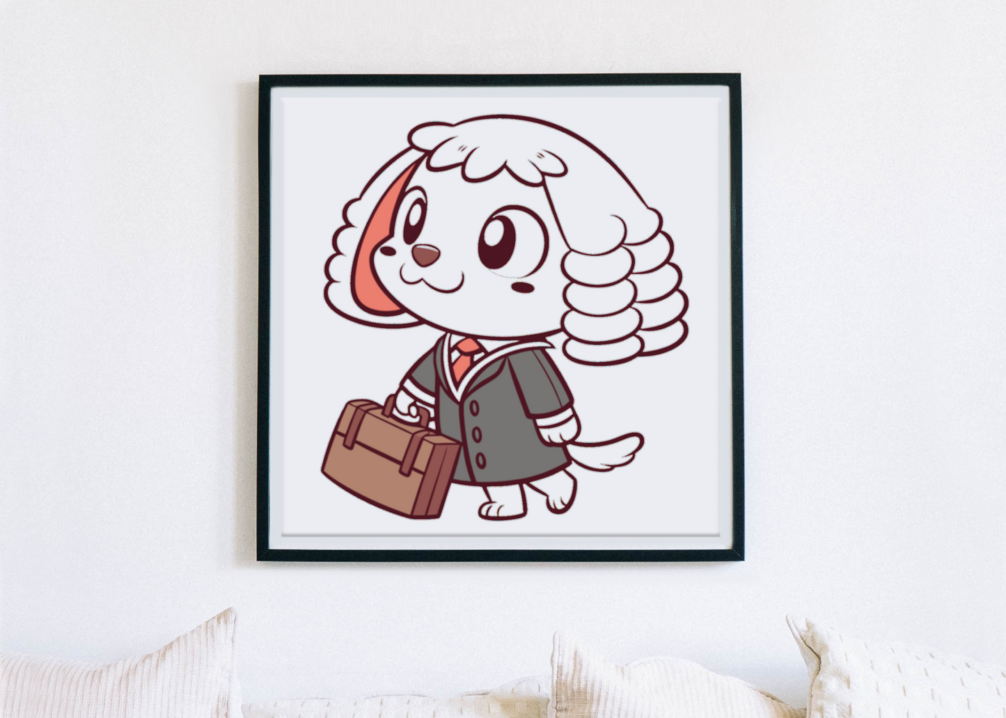 Cadre avec illustration kawaii d'un chien avocat dans un univers juridique stylisé