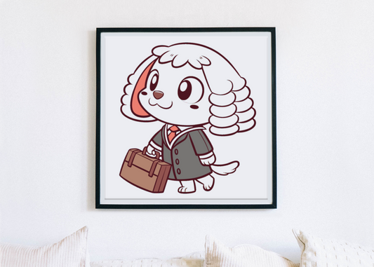 Cadre avec illustration kawaii d'un chien avocat dans un univers juridique stylisé
