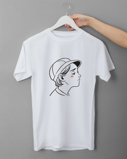 T-shirt minimaliste avec profil rêveur dans un style urbain moderne