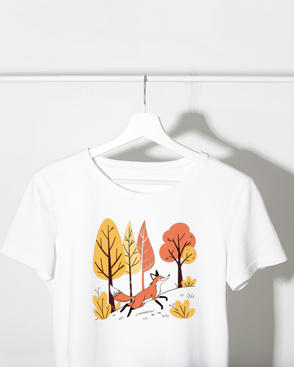T-shirt automnal avec motif de renard joueur en forêt