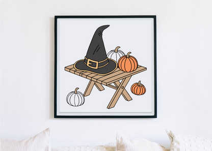 Cadre orné d'un chapeau de sorcière et citrouilles style vectoriel Halloween