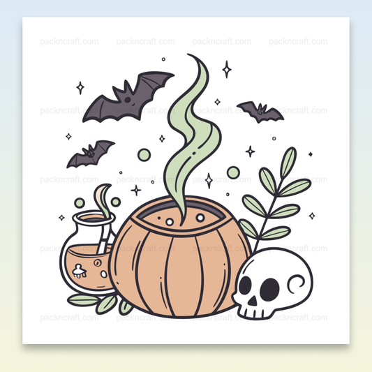 Illustration de chaudron fumant mystique avec éléments Halloween, idéale pour déco et projets DIY.