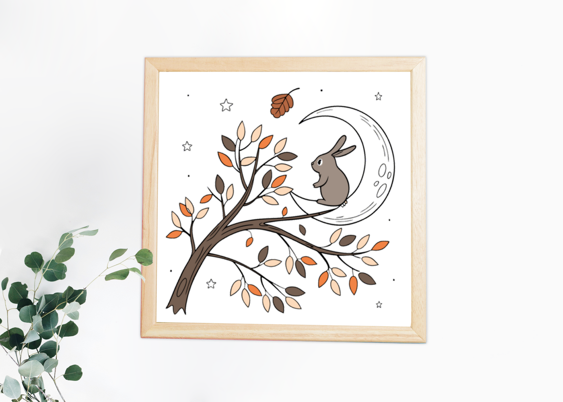 Cadre avec lapin rêveur sur lune dans un style automnal enchanteur