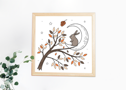 Cadre avec lapin rêveur sur lune dans un style automnal enchanteur