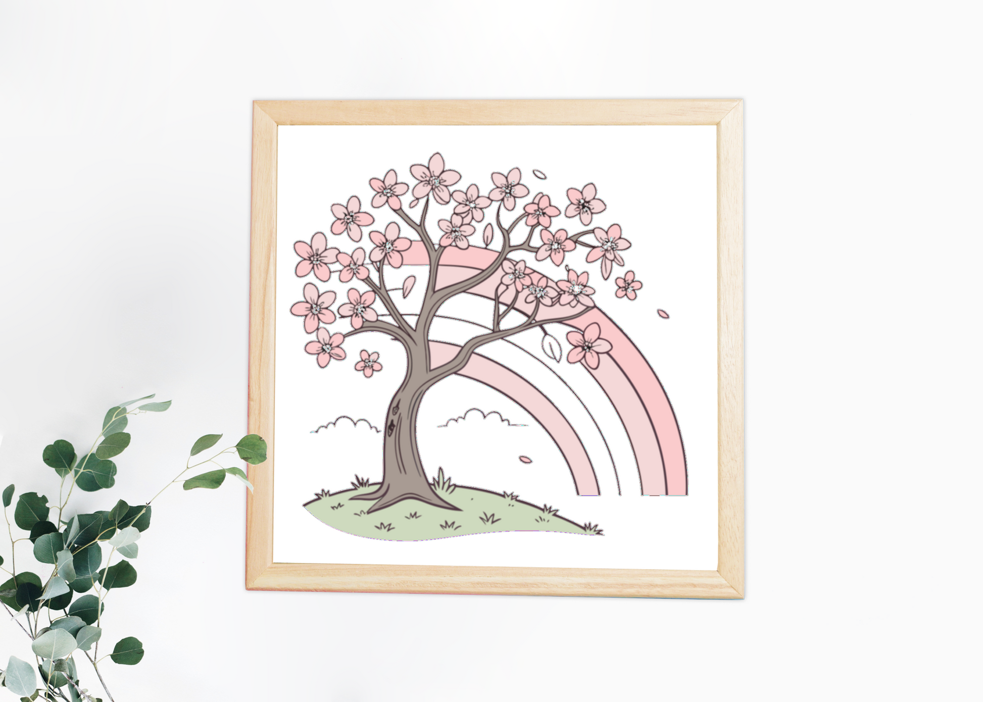 Cadre avec cerisier en fleurs pastel et arc-en-ciel, ambiance printemps joyeux