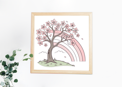 Cadre avec cerisier en fleurs pastel et arc-en-ciel, ambiance printemps joyeux