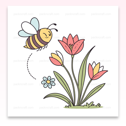 Illustration d'une abeille joyeuse parmi des fleurs printanières en style vectoriel kawaii