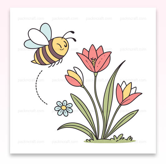 Illustration d'une abeille joyeuse parmi des fleurs printanières en style vectoriel kawaii