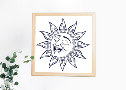 Cadre avec un dessin vintage d'un soleil rieur dans une ambiance estivale