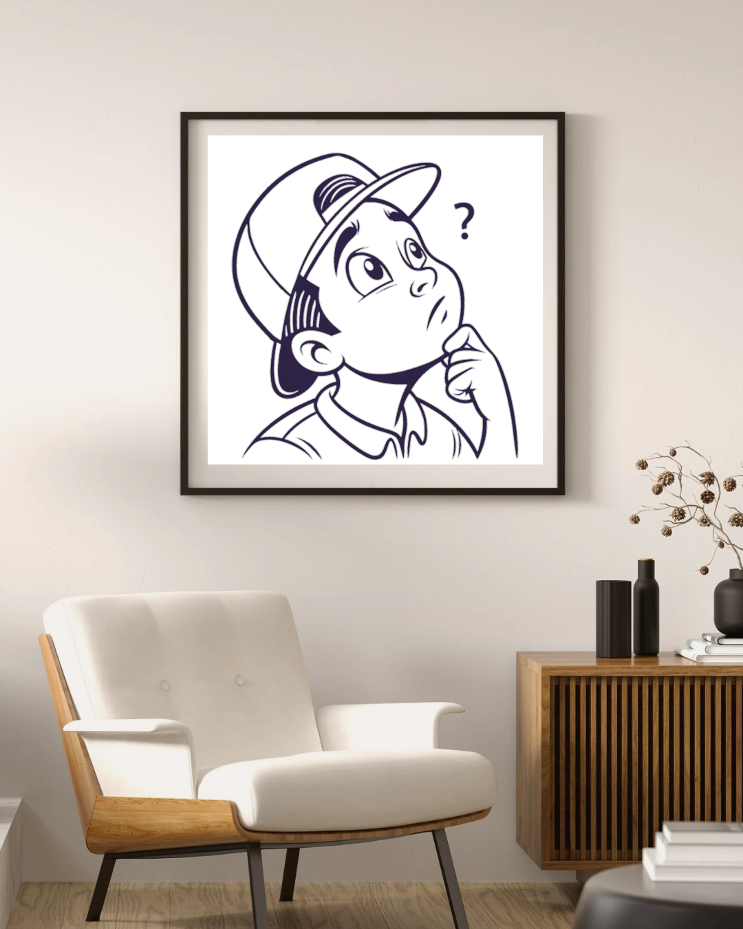 Cadre affiche garçon pensif dans un style monochrome avec une touche artistique