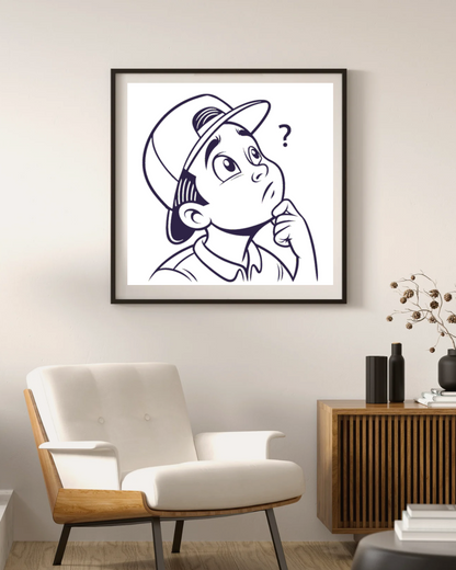 Cadre affiche garçon pensif dans un style monochrome avec une touche artistique