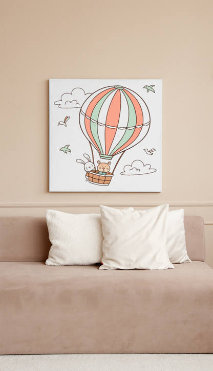 Cadre avec décor pastel vibrant montrant un lapin et un ours en montgolfière