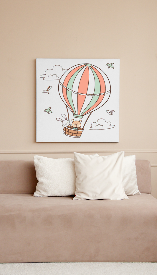 Cadre avec décor pastel vibrant montrant un lapin et un ours en montgolfière