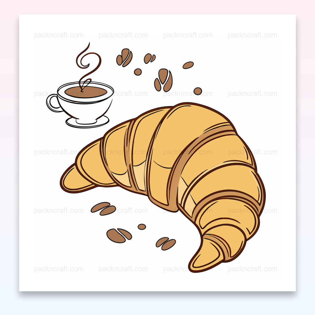 Illustration d'un croissant et d'une tasse de café en style doodle, parfait pour des projets de cuisine.