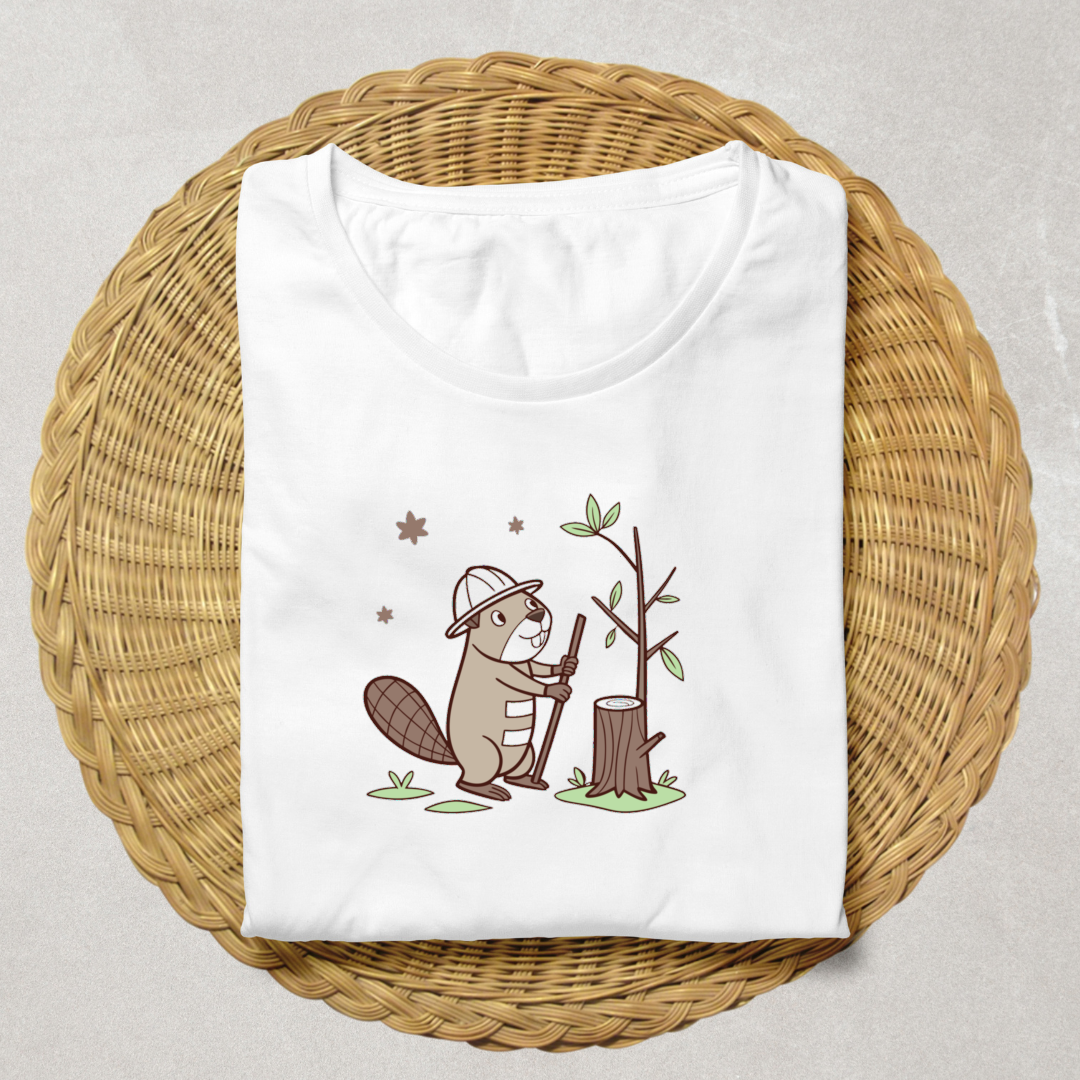 T-shirt arborant un castor stylisé en pleine aventure forestière