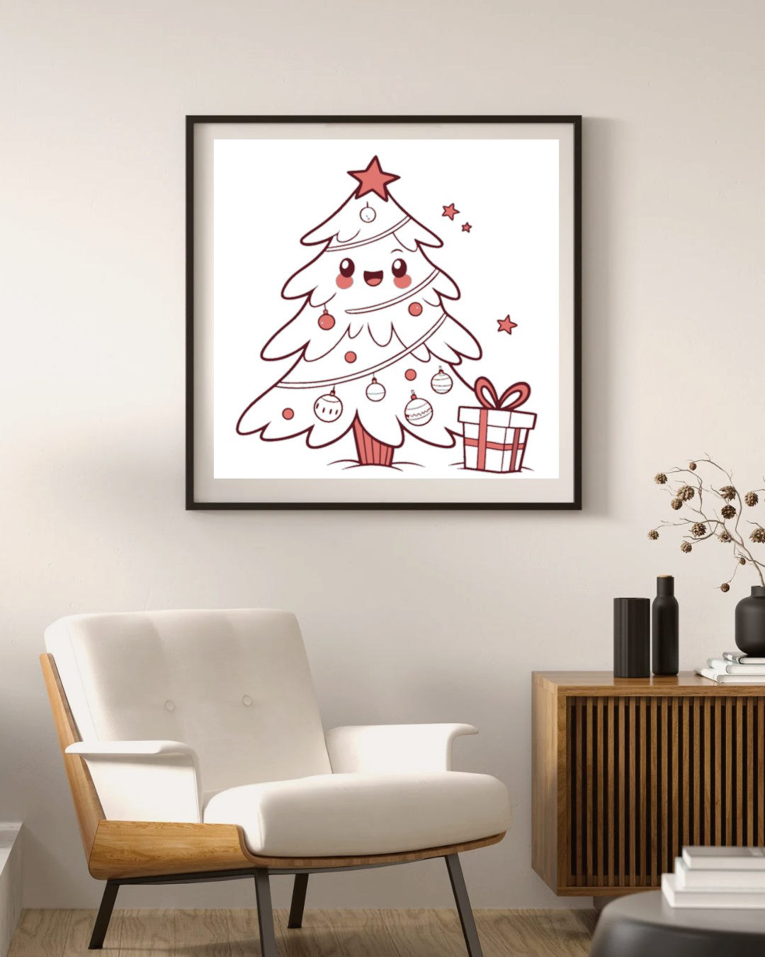 Cadre festif avec sapin kawaii joyeux aux couleurs vives pour Noël