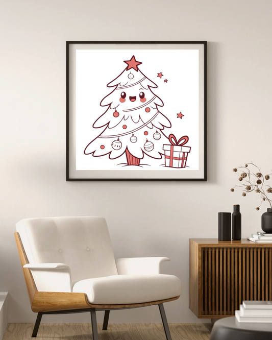 Cadre festif avec sapin kawaii joyeux aux couleurs vives pour Noël