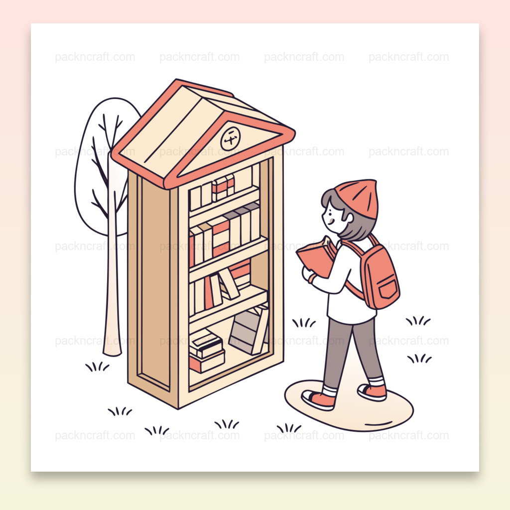 Enfant curieux découvrant une boîte à livres, illustration digitale éducative.