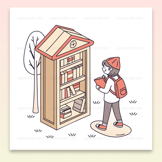 Enfant curieux découvrant une boîte à livres, illustration digitale éducative.
