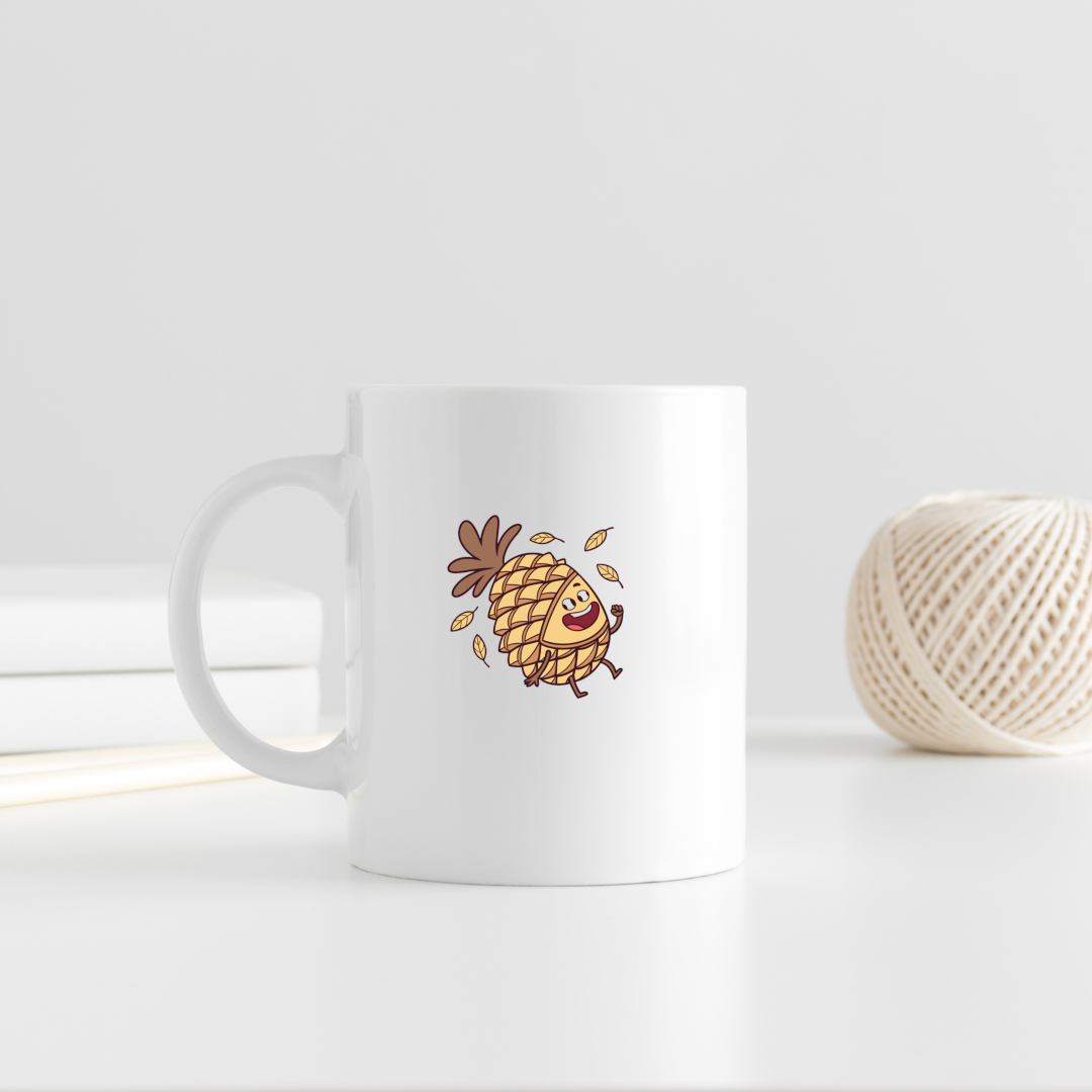 Mug avec motif automnal mettant en scène une pomme de pin enjouée et colorée