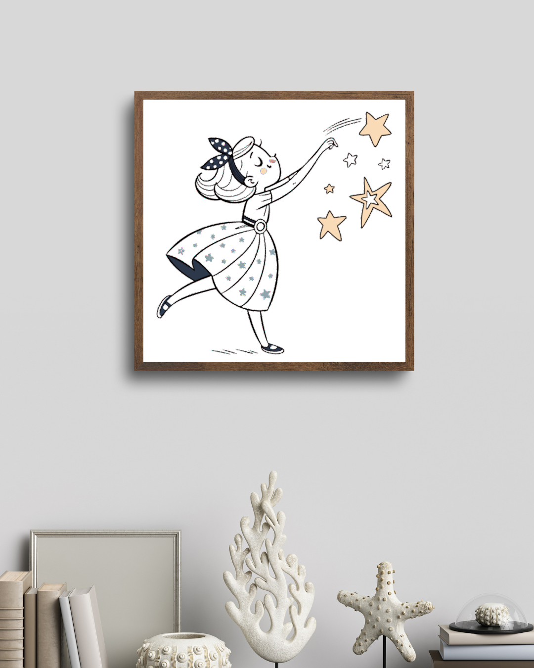 Cadre décoratif avec une fillette pensive tenant des étoiles dans un style doodle