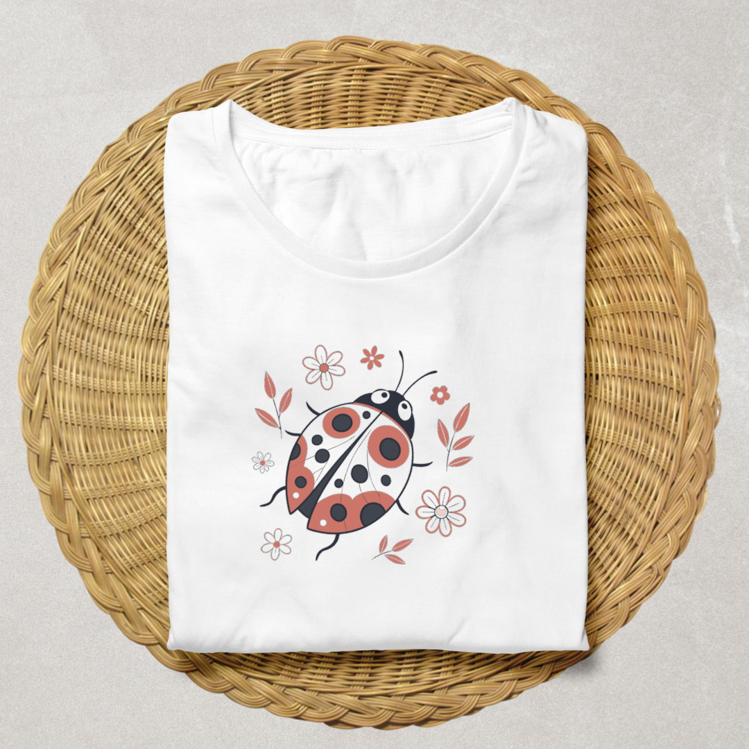 T-shirt avec coccinelle souriante, style vibrant et festif pour les amoureux de la nature