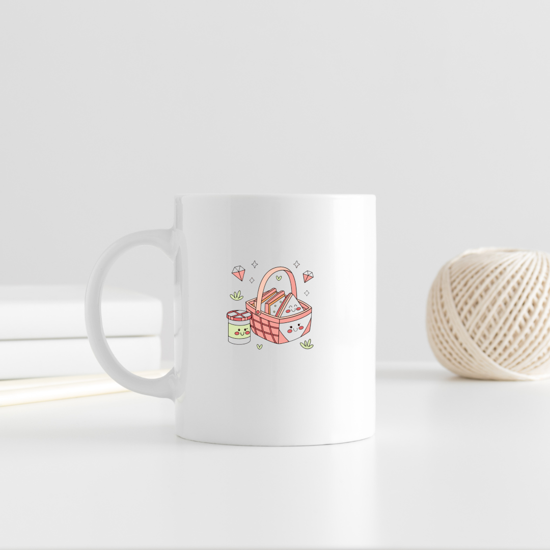 Mug décoré d'un motif panier coloré sur fond pastel estival