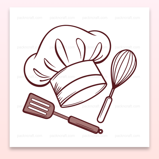 Illustration de chapeau de chef avec ustensiles pour projets DIY., Mug personnalisé avec motif de chef et ustensiles., Cadre de cuisine avec illustration vintage de chef., Sticker d'ustensiles de cuisine et chapeau de chef., T-shirt décoré avec un design de chef et ustensiles.