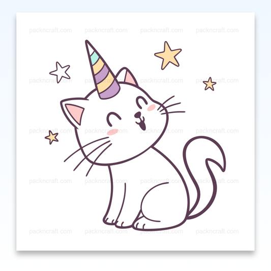 Illustration kawaii d'un chat licorne joyeux, idéal pour DIY et décoration.