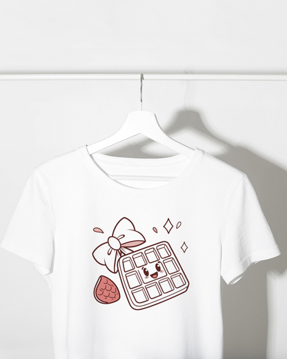 T-shirt décoré style kawaii avec icône gaufre souriante thème gourmand