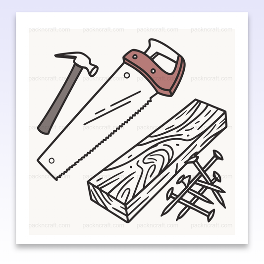 Illustration de scie et clou sur bois pour projet DIY vintage, Graphisme mug, charpentier et outils de menuiserie, Cadre avec illustration charpentier, ambiance atelier bois, T-shirt graphique, éléments de menuiserie, style rétro, Sticker charpentier, scie, clous, inspiration bricolage