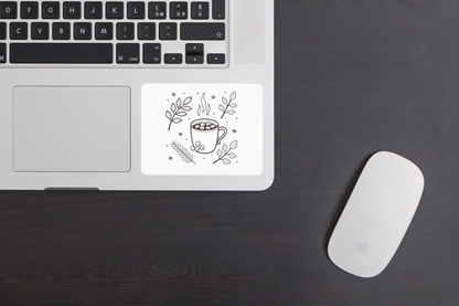 Sticker automnal avec une tasse de chocolat en style monochrome