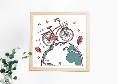 Cadre vintage orné d'un motif vélo sur Terre, parfait pour les amateurs d'aventure