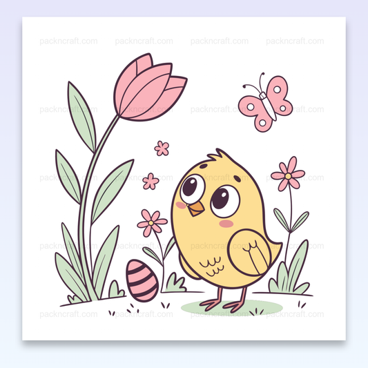 Illustration d'un poussin curieux dans un jardin printanier, pour usages DIY et décoration.