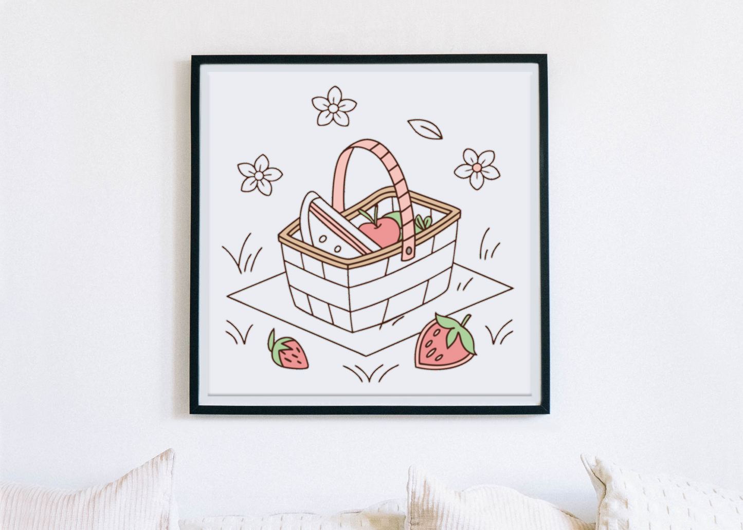 Cadre avec design estival, panier pique-nique en couleur pastel, ambiance joyeuse