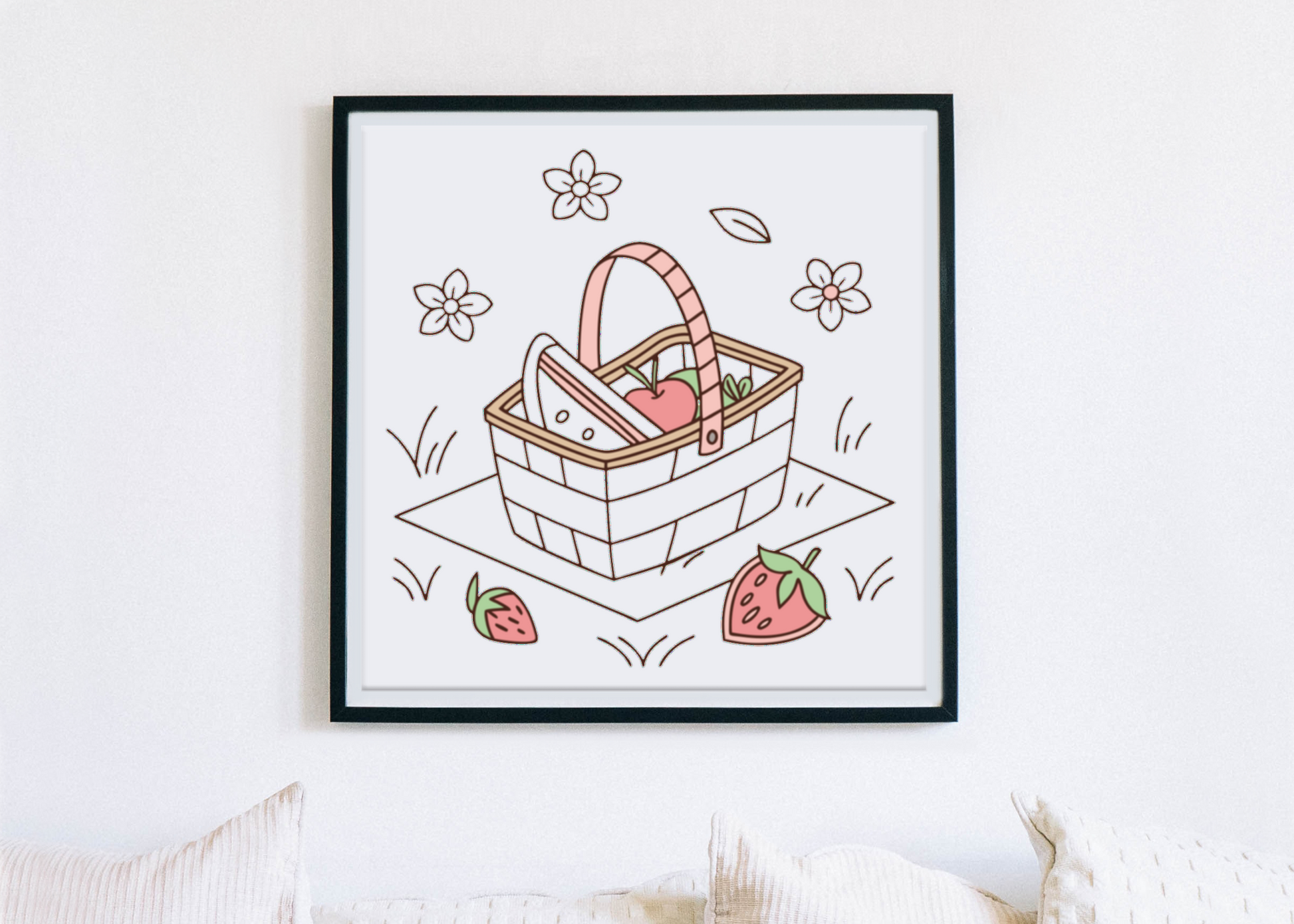 Cadre avec design estival, panier pique-nique en couleur pastel, ambiance joyeuse