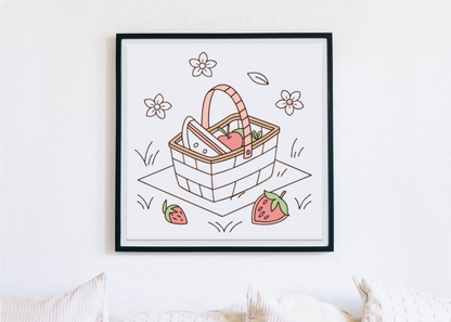 Cadre avec design estival, panier pique-nique en couleur pastel, ambiance joyeuse