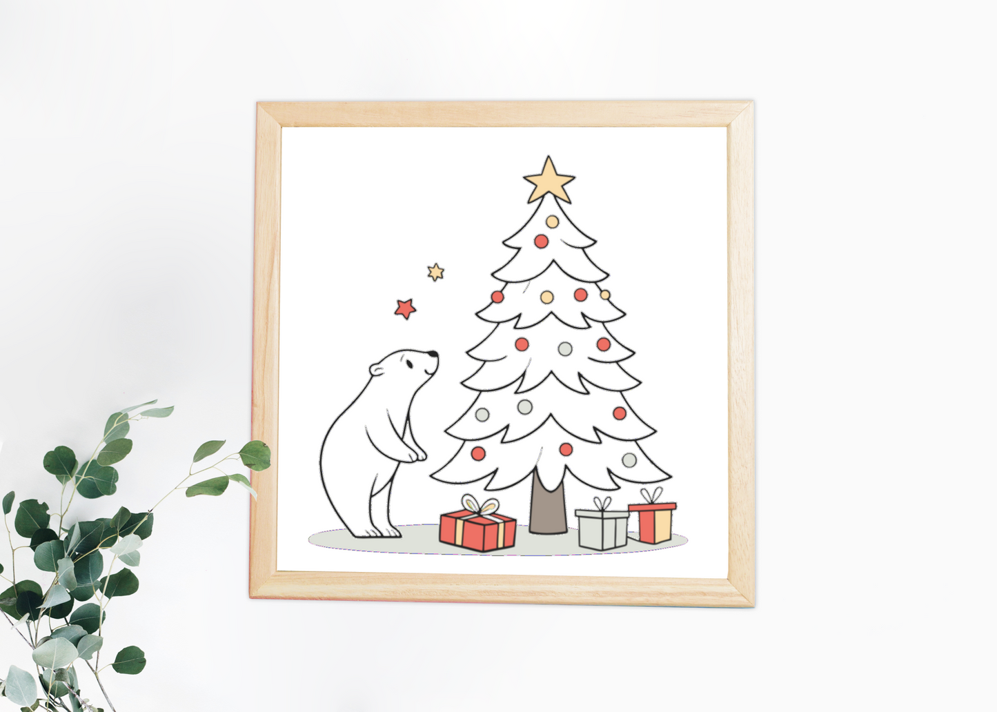 Cadre moderne avec ours rêveur et sapin festif dans un décor minimaliste de Noël